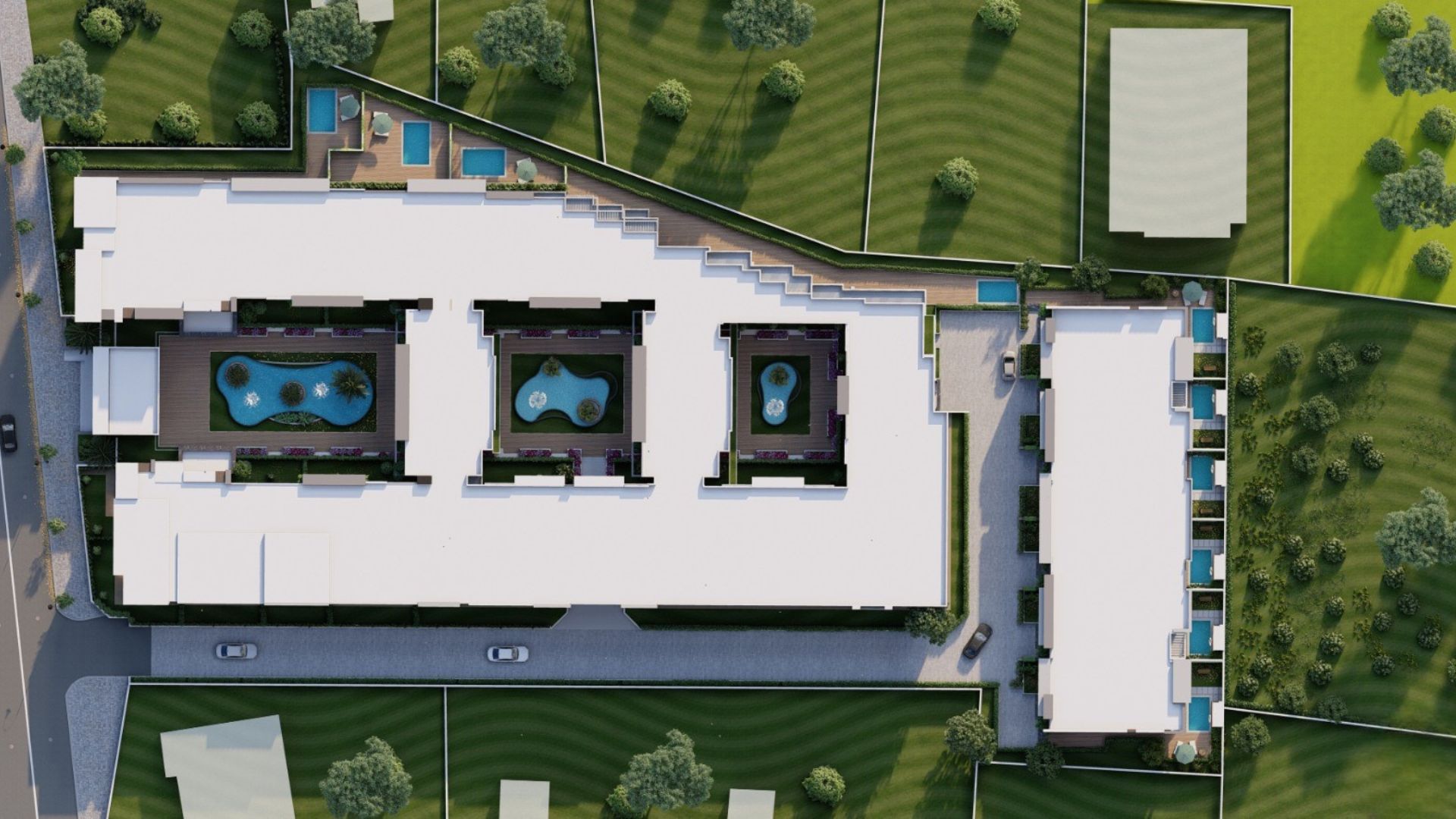 Vue aérienne du plan masse montrant la disposition des bâtiments