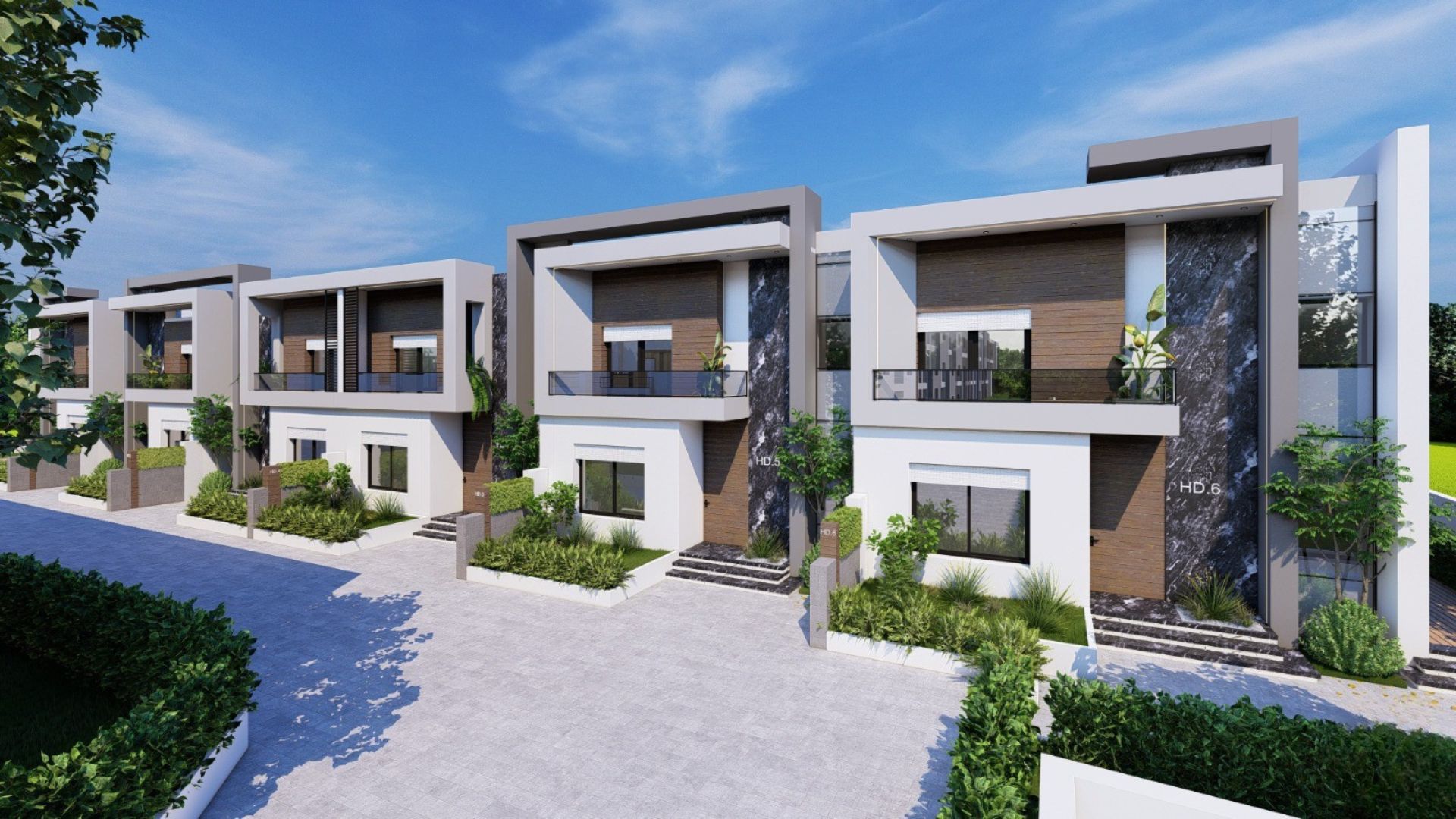 Vue des villas individuelles avec architecture contemporaine