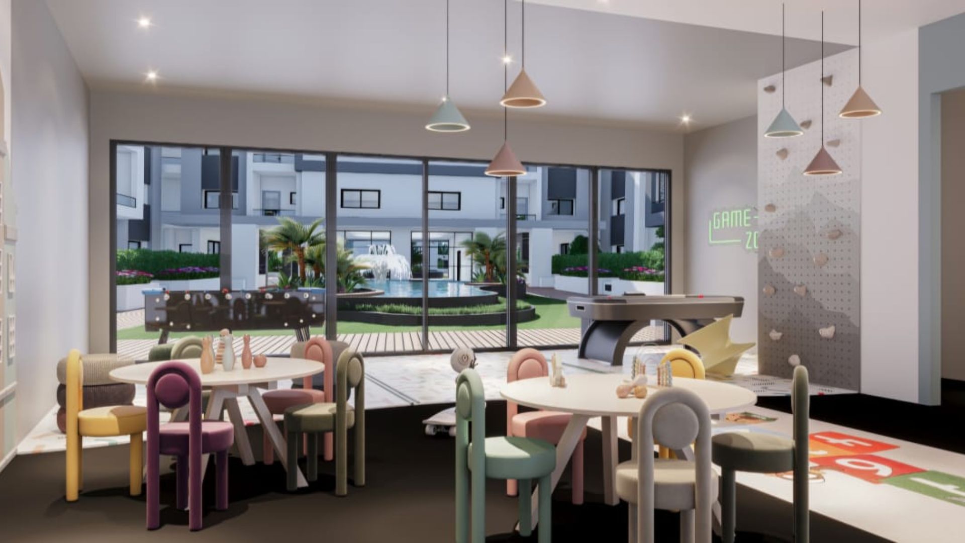 Intérieur salle de jeux pour enfants avec vue sur les espaces extérieurs